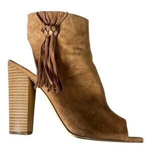 JustFab Zenna Tan Suede Fringe Peep Toe Booties Size 10 Chunky Heel Boho Chic